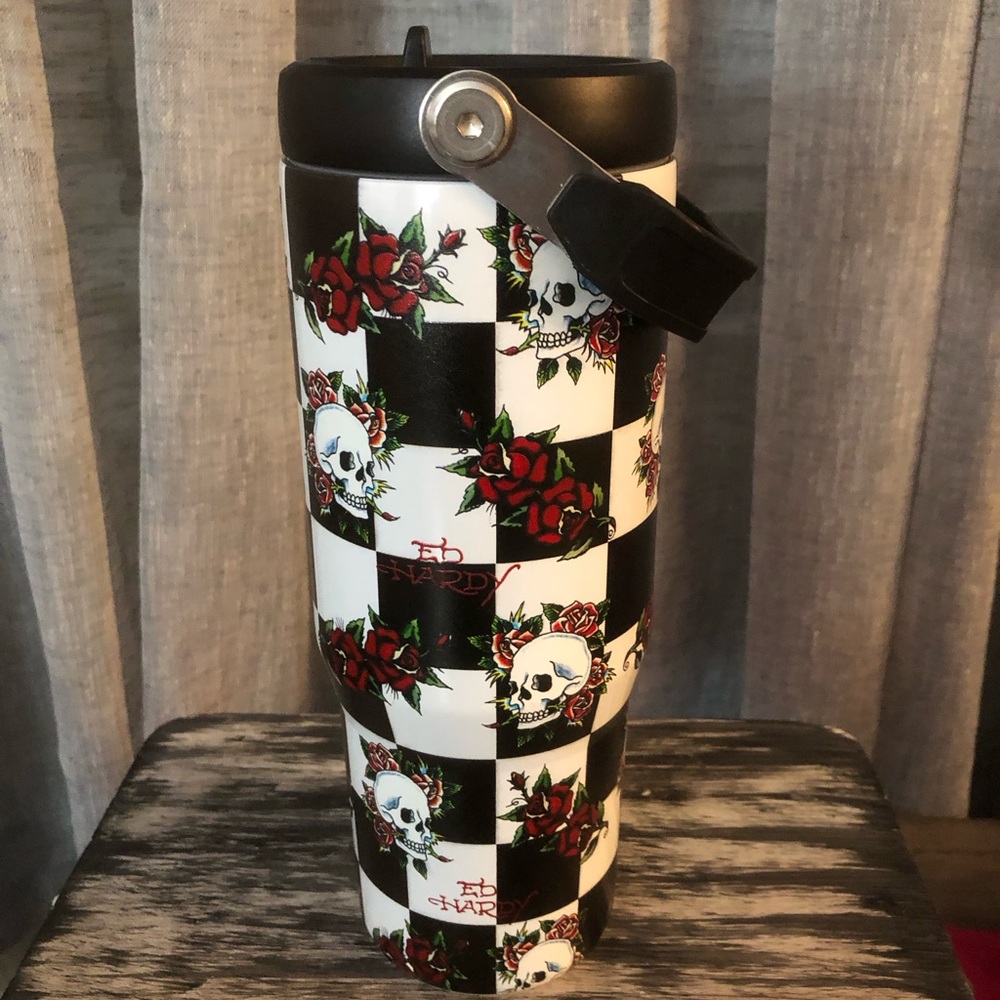 🖤 Ed Hardy Black & White Skull Rose Check Travel Tumbler.  32 OZ